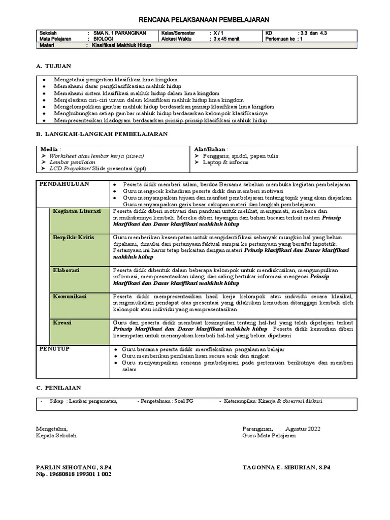 RPP Biologi Kelas X (Klasifikasi Makhluk Hidup) | PDF