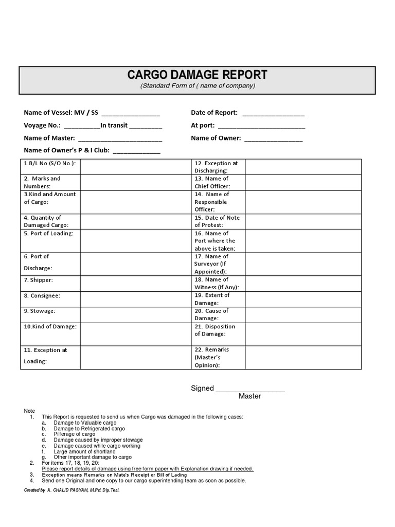 Cargo Damage Report Template | PDF | Cargo | Ships