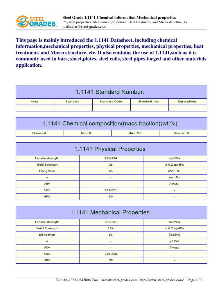 Datasheet For Steel Grades Carbon Steel 1.1141: 1.1141 Standard Number ...