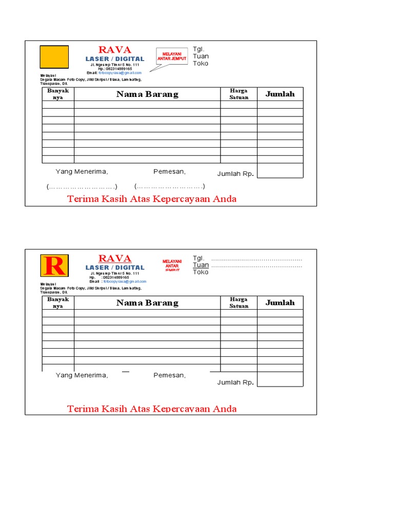 Contoh Nota Fotocopy Kosong dan Isi | PDF