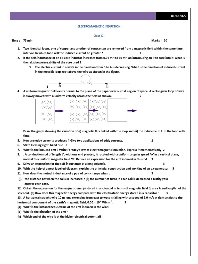 Electromagnetic Induction Test for Class XII | PDF | Electromagnetic ...