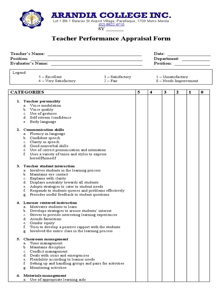 Teacher Appraisal Form Pdf Teaching Method Teachers