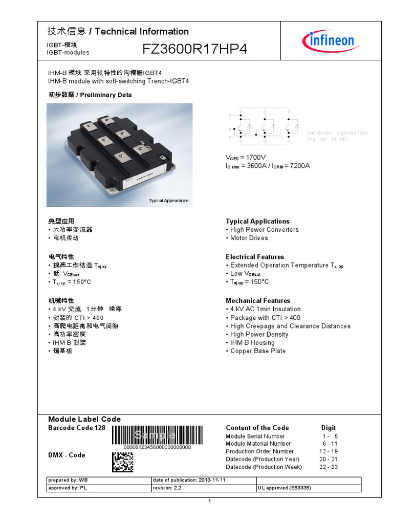 IGBT POWER TRANSISTOR 3600A InfineonFZ3600R17HP4DSv02 02En cn