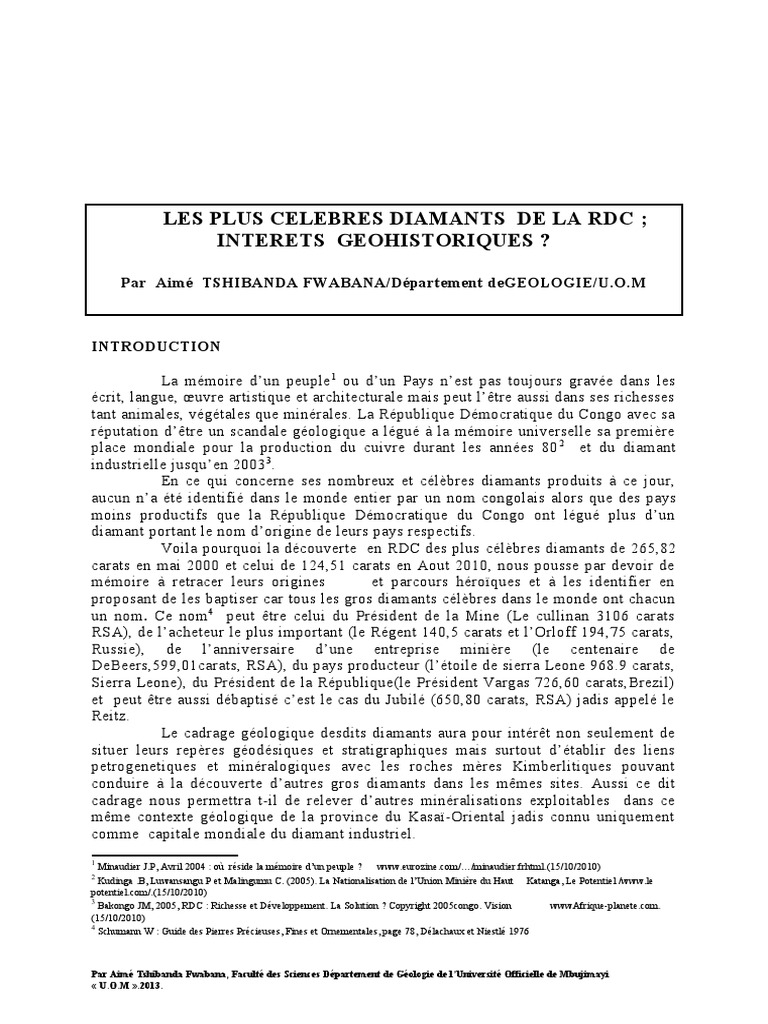 Les Plus Celebres Diamants de La RDC: Interets Geohistoriques ? | PDF ...