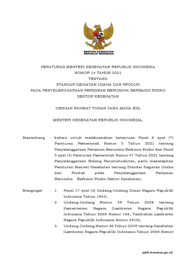 PMK NO 14 Tahun 2021 Tentang STANDAR USAHA BERBASIS RESIKO KESEHATAN-1
