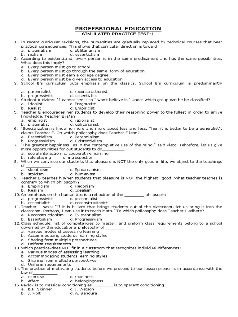 Professional Education Practice Test 1 | PDF | Educational Assessment | Id