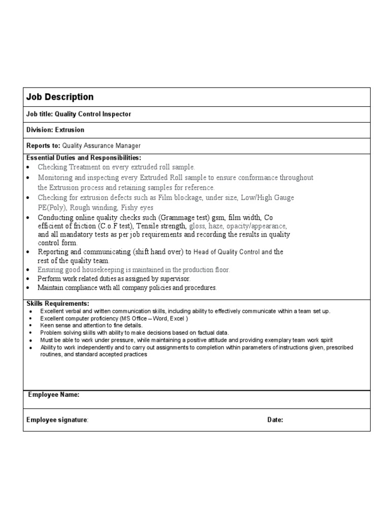 Extrusion Job Responsibilities PDF