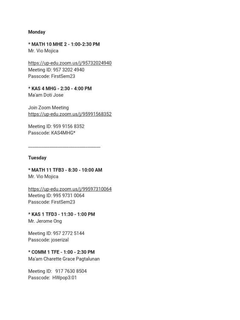 Class Zoom Links PDF