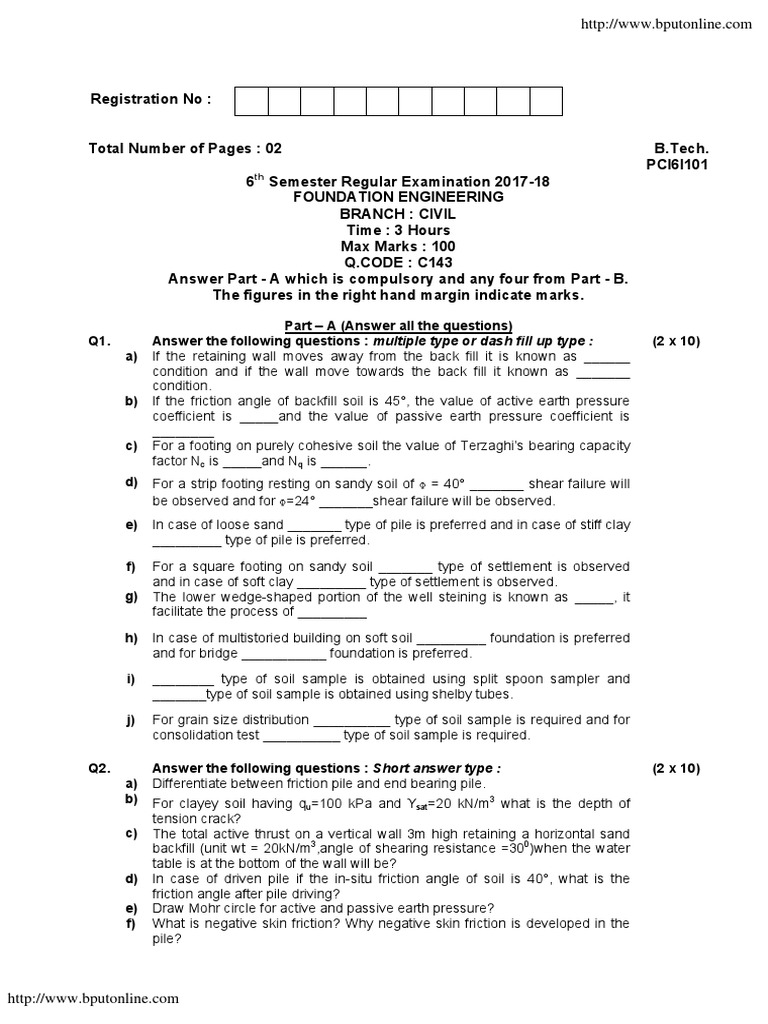 Foundation Engineering Exam Paper 2017-18 | PDF | Deep Foundation ...