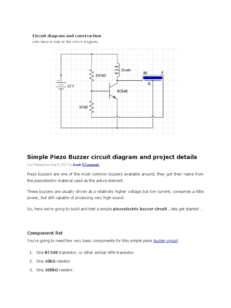 Simple Piezo Buzzer circuit diagram and project details PDF