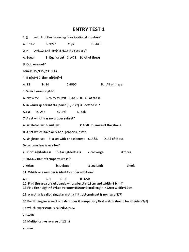Entry Test Sample Questions and Answers | PDF