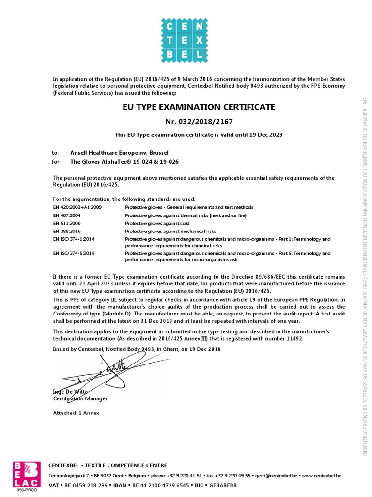 Certificado Calidad Guante Ansell Thermaprene 26 9 026 43870 1 PDF