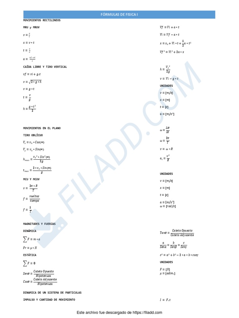Formulas de Fisica I | PDF | Mecánica