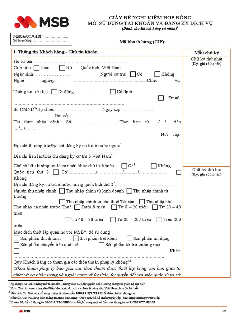 MẪU ĐĂNG KÝ MSB | PDF