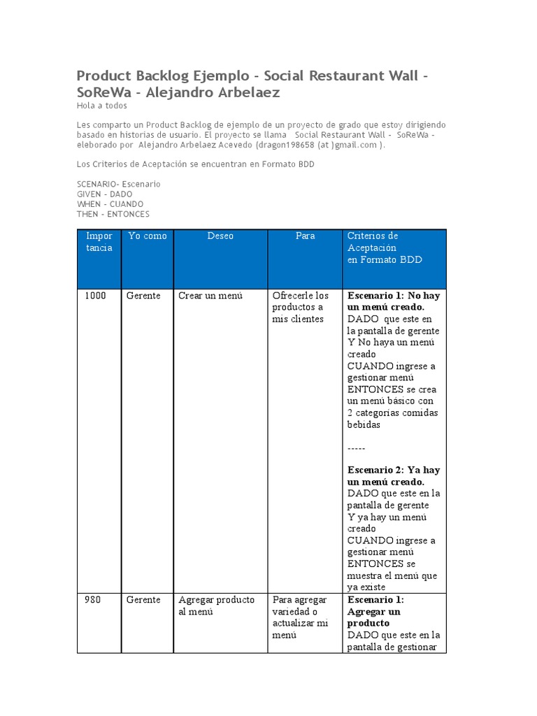 Ejemplo de Product Backlog SoReWa | PDF | Scrum (desarrollo de software ...