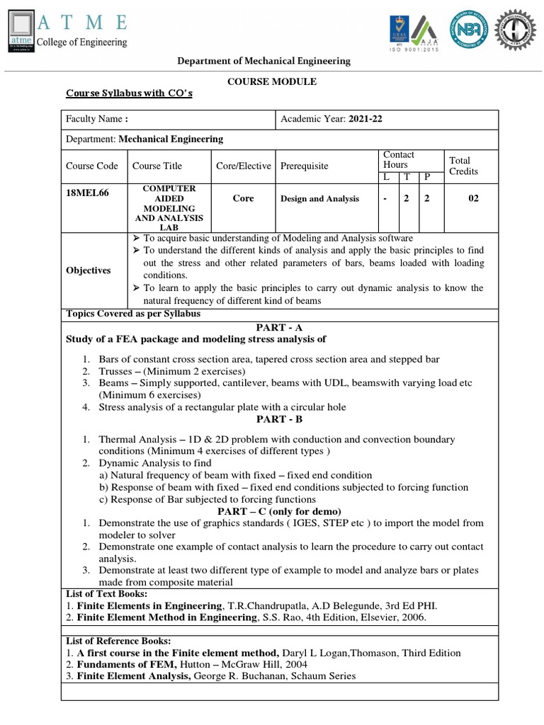 Computer Aided Modeling Lab Syllabus | PDF | Finite Element Method ...