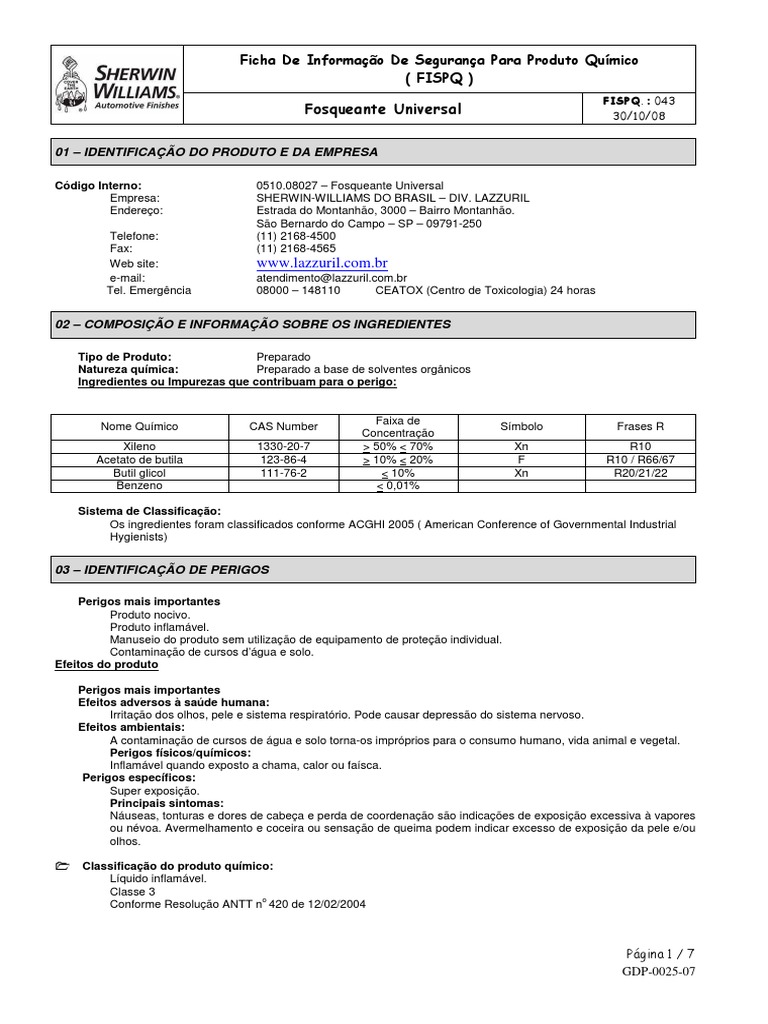Ficha de Segurança: Fosqueante Universal | PDF | Solubilidade | Solvente