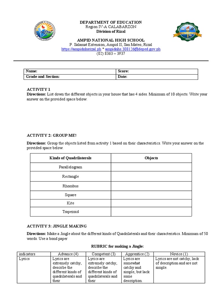 Activity Sheets - Quadrilaterals | PDF | Elementary Mathematics | Polytopes