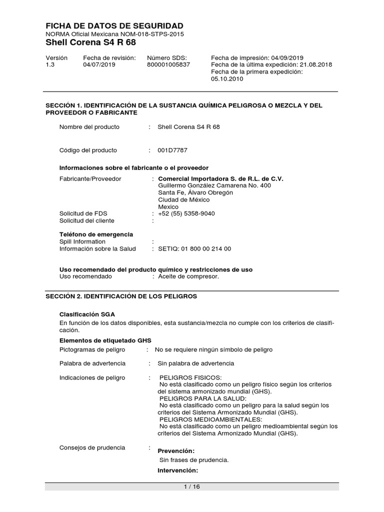 Ficha Técnica Shell Corena S4 R 68 | PDF | Residuos | Ciencias fisicas