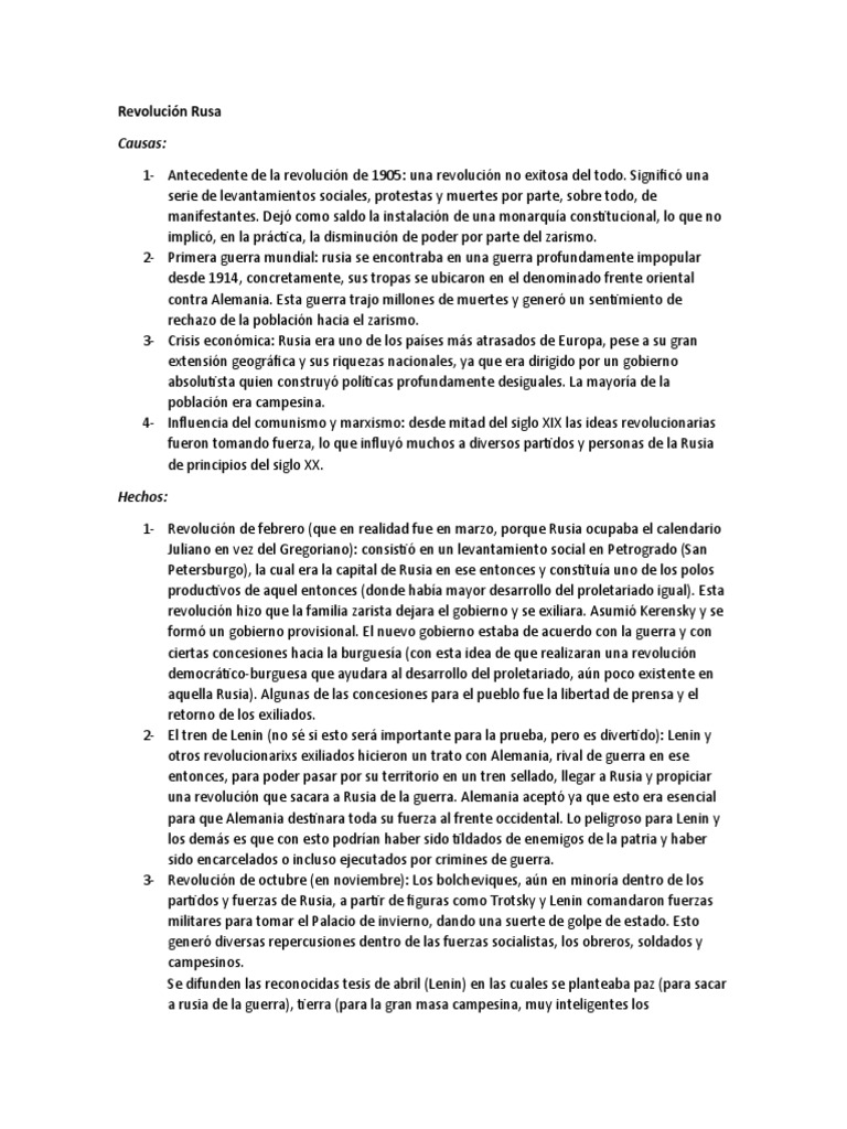 Causas y Consecuencias de la Revolución Rusa | PDF | Vladimir Lenin ...