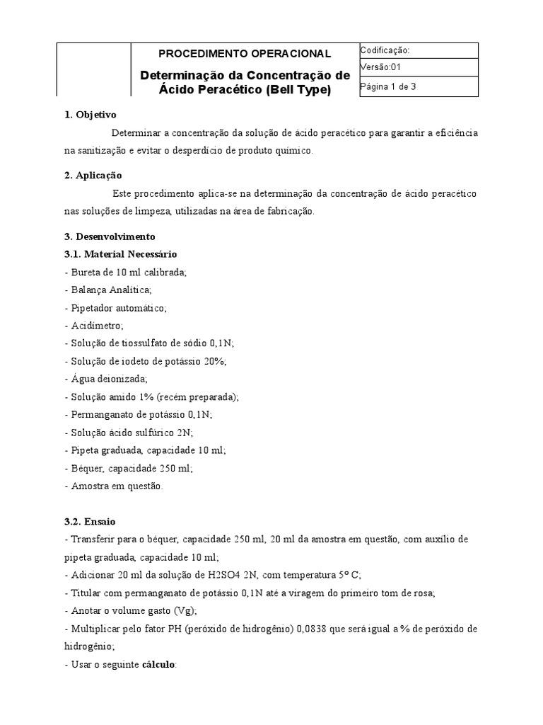 POlcqMET26 Determinação Da Concentração de Ácido Peracético Bell Type PDF Titulação Química