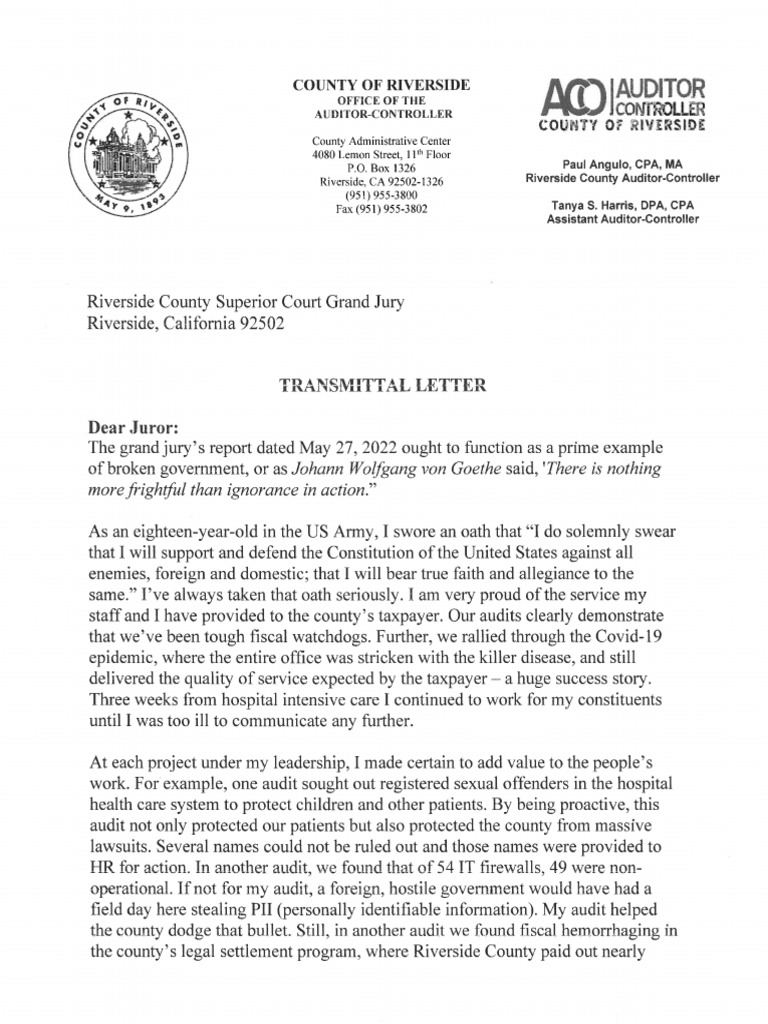 Riverside County Auditor Controller Paul Angulo's Response To Grand Jury  Report | PDF