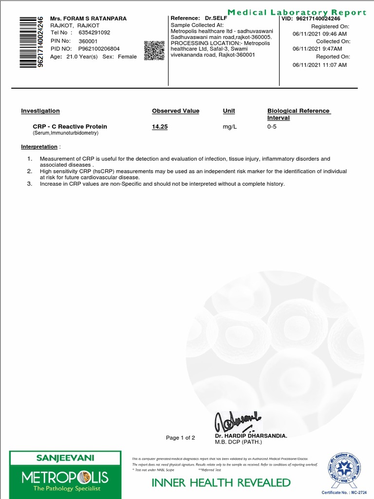 Elevated CRP and Normal Complete Blood Count Results for 21YearOld Female PDF White Blood