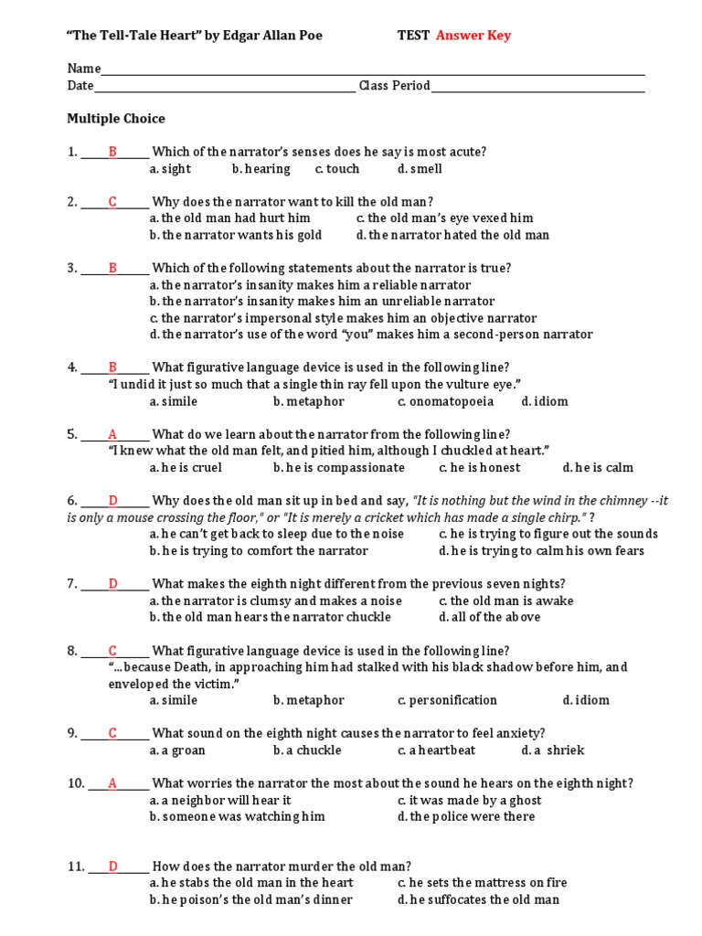 The Tell Tale Heart Test Answer Key