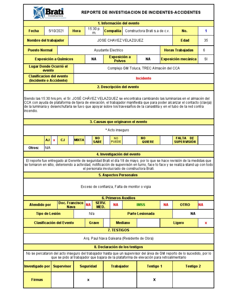 Formato Para Reporte De Incidentes E Accidente PDF