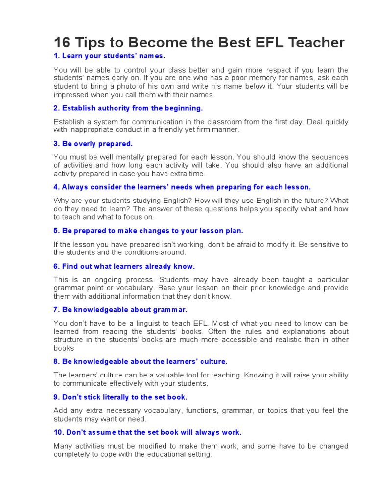 16 Tips To Become The Best Efl Teacher Pdf Teaching Method