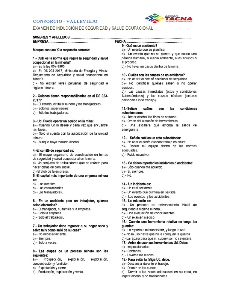 Examen De Induccion Descargar Gratis Pdf Minería Seguridad Y
