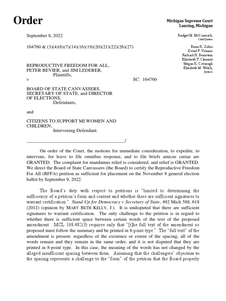 MI Supreme Court Order Reproductive Ballot Question Order | PDF ...