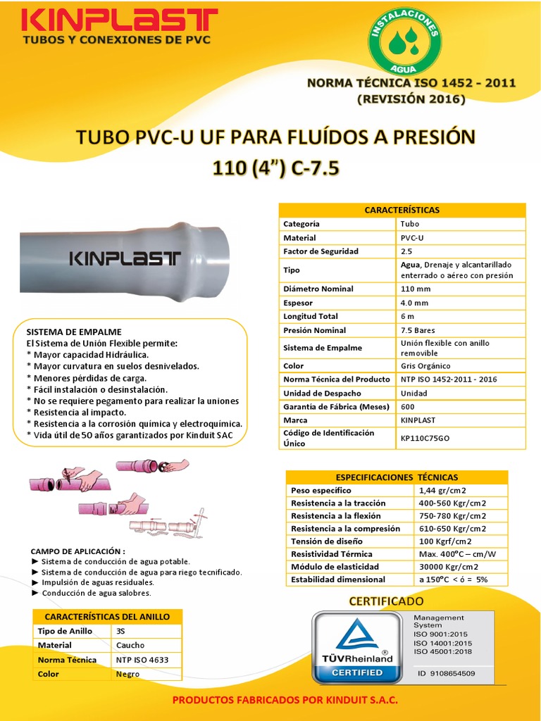 Tubo PVC Agua Uf Kp110c75 PDF Agua Física Aplicada e