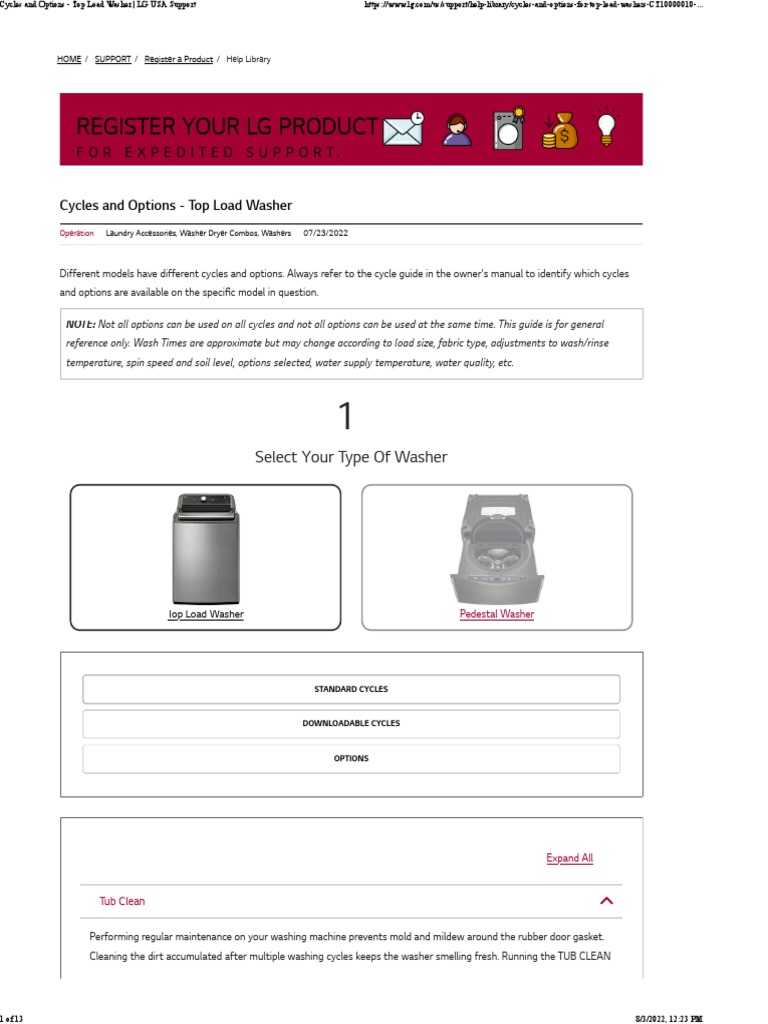 Cycles and Options LG WT5170HV PDF Washing Machine Clothing