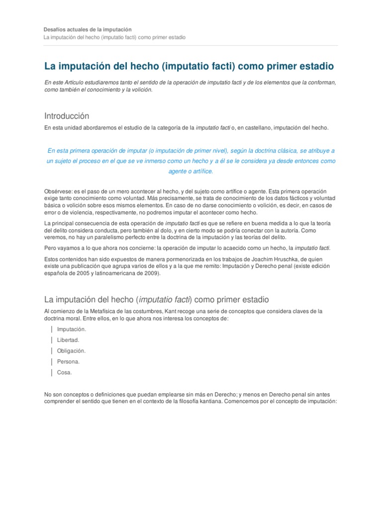 La Imputacion Del Hecho Imputatio Facti Como Primer Estadio ...