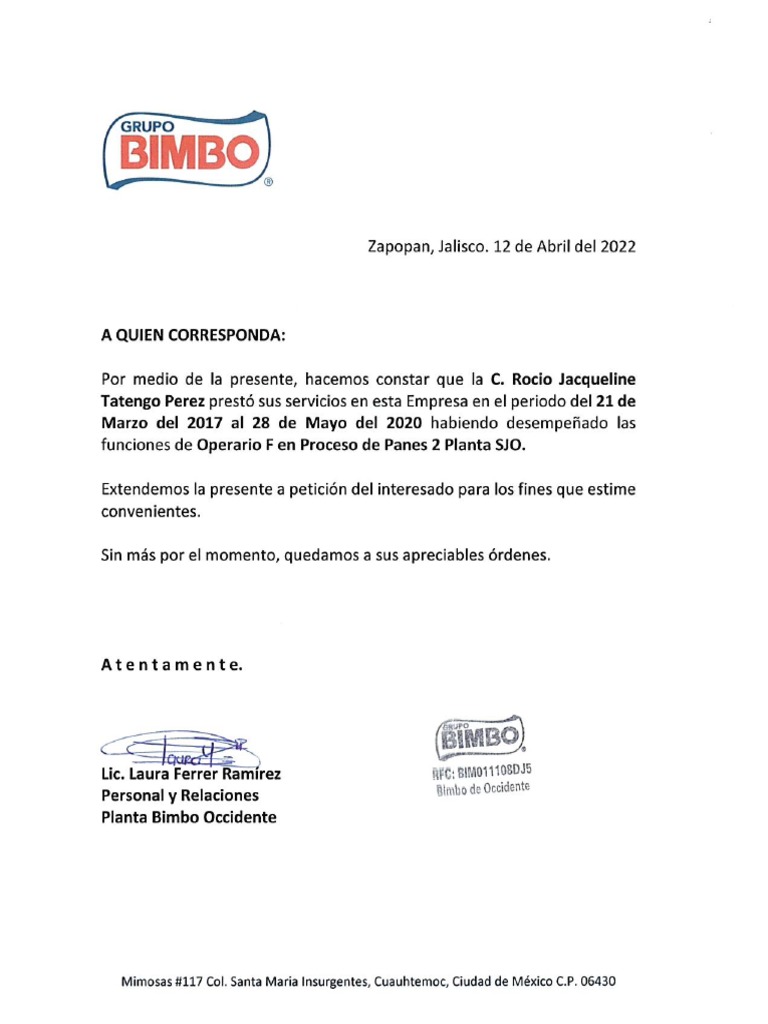 Carta Recomendacion Bimbo | PDF