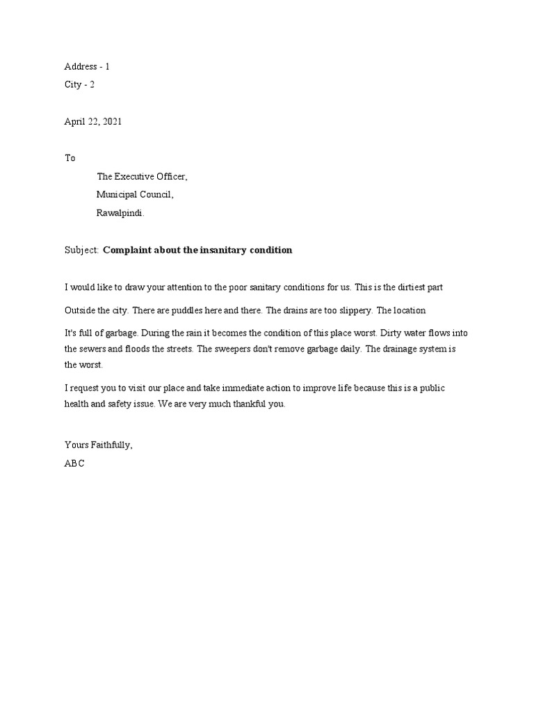 Application Letter Complaint About the Insanitary Condition PDF
