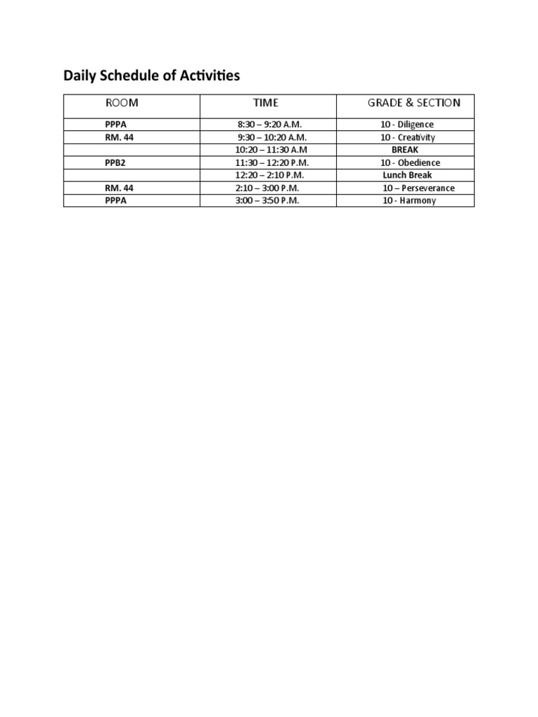 Daily Schedule of Activities | PDF