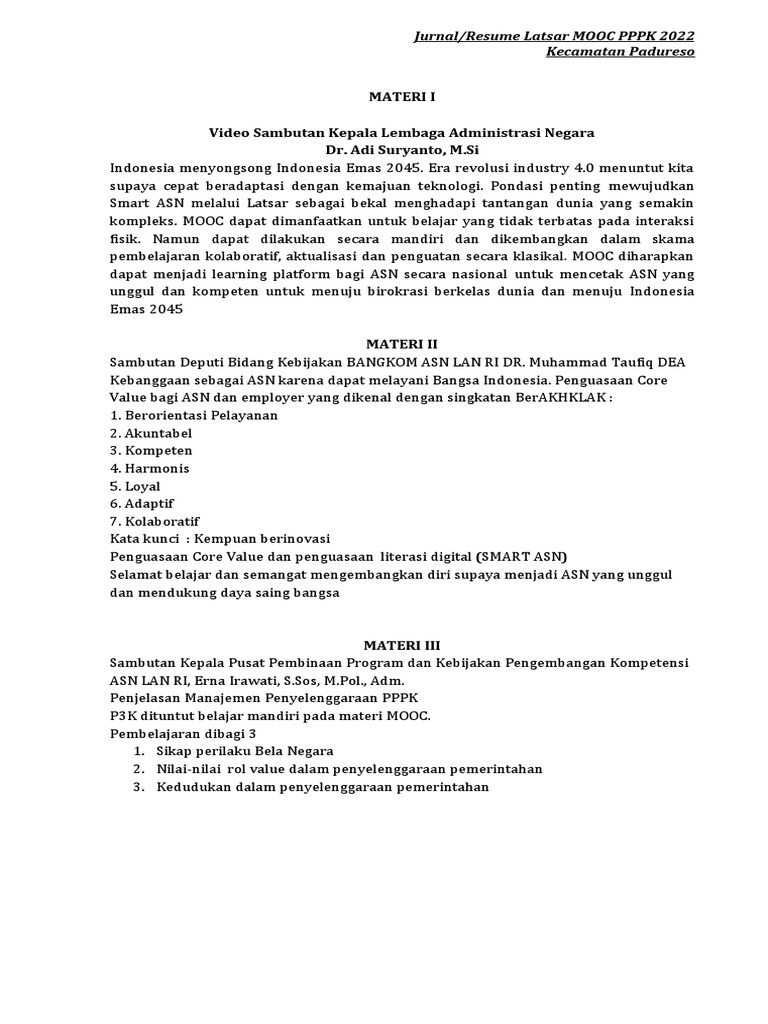 Jurnal MOOC PPPK Kec. Padureso Tahun 2022 | PDF