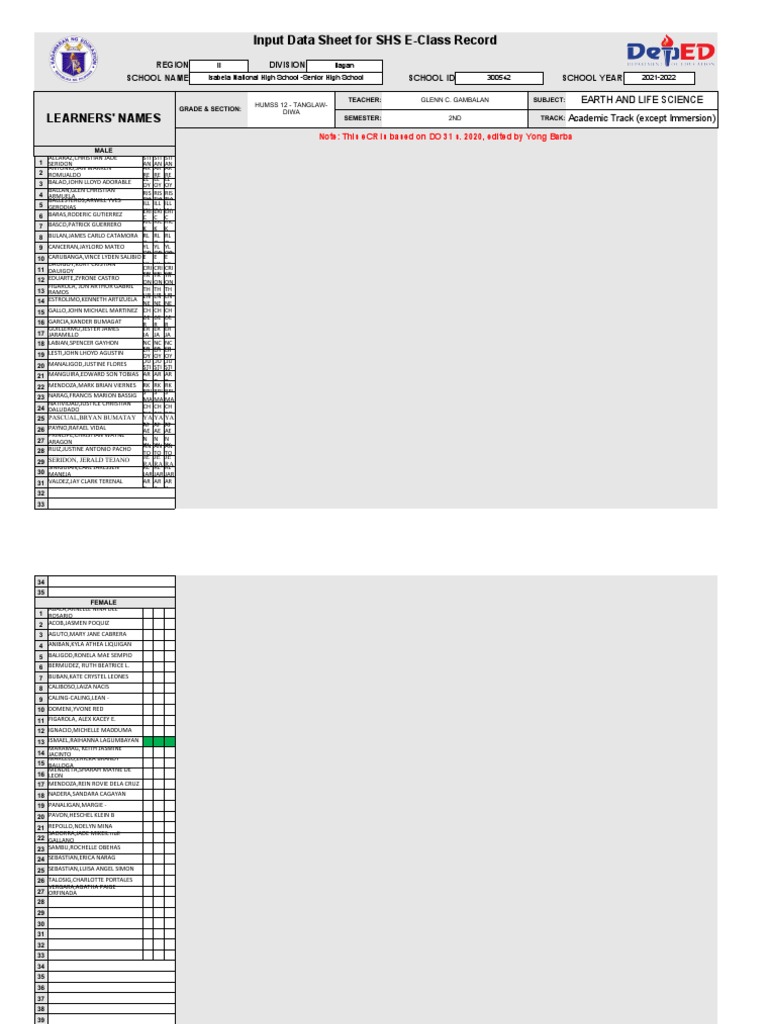 Input data sheet for shs e class record of earth and life science
