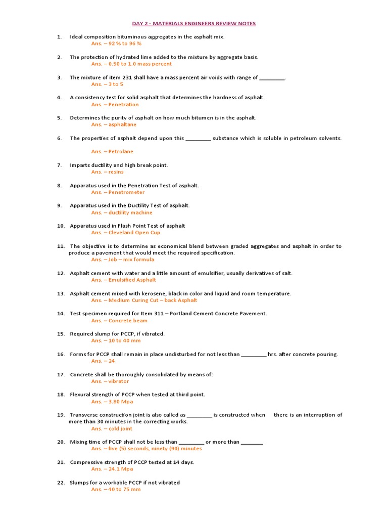 Day 2 ReviewerforMaterialsEngineer PDF Concrete Asphalt