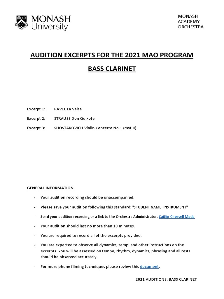 2021 Monash Academy Orchestra Audition Excerpts and Instructions for