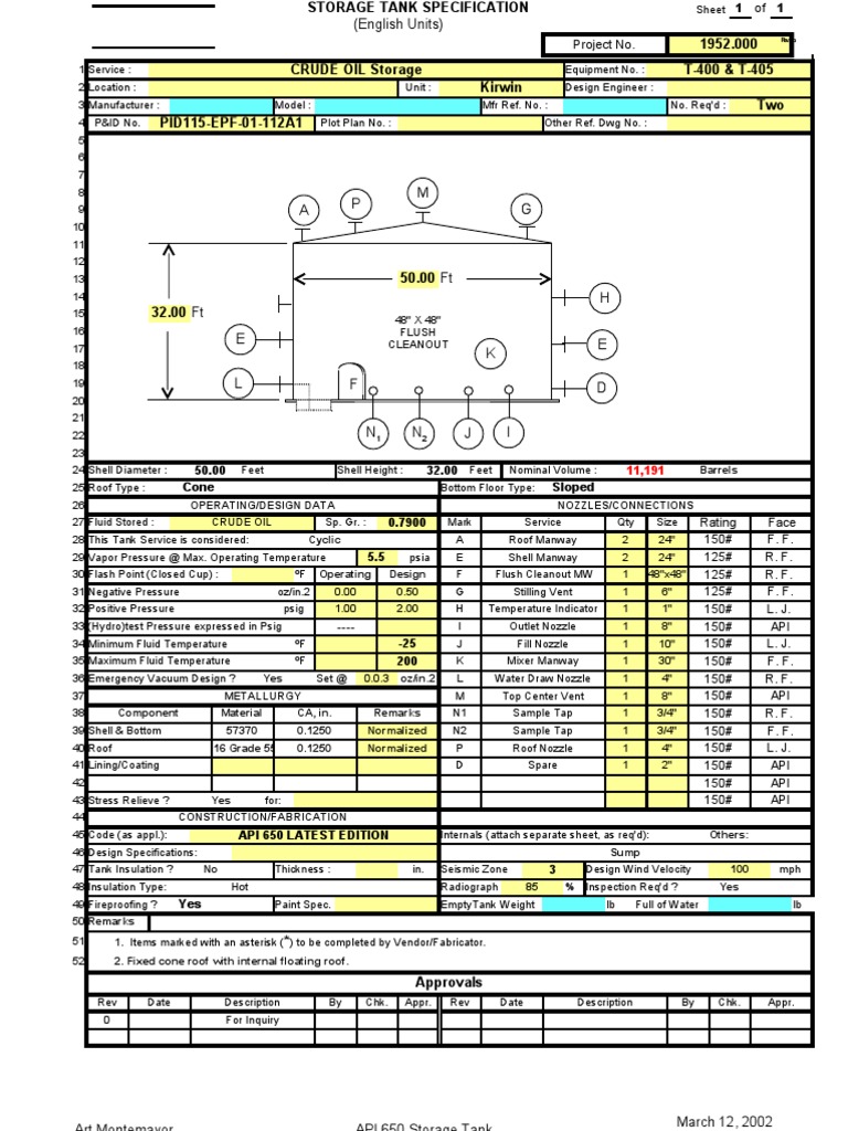 API 650 Storage Tank Design Specs | PDF
