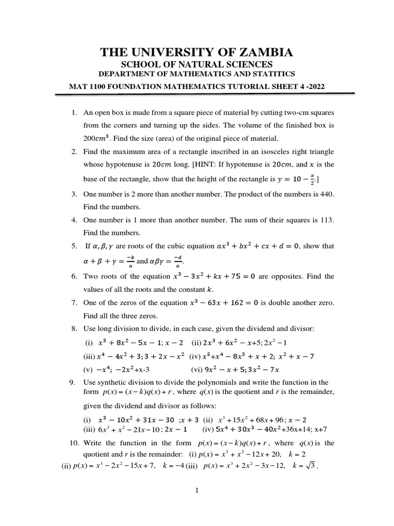 MAT 1100 Foundation Math Tutorial 4 | PDF | Zero Of A Function | Polynomial