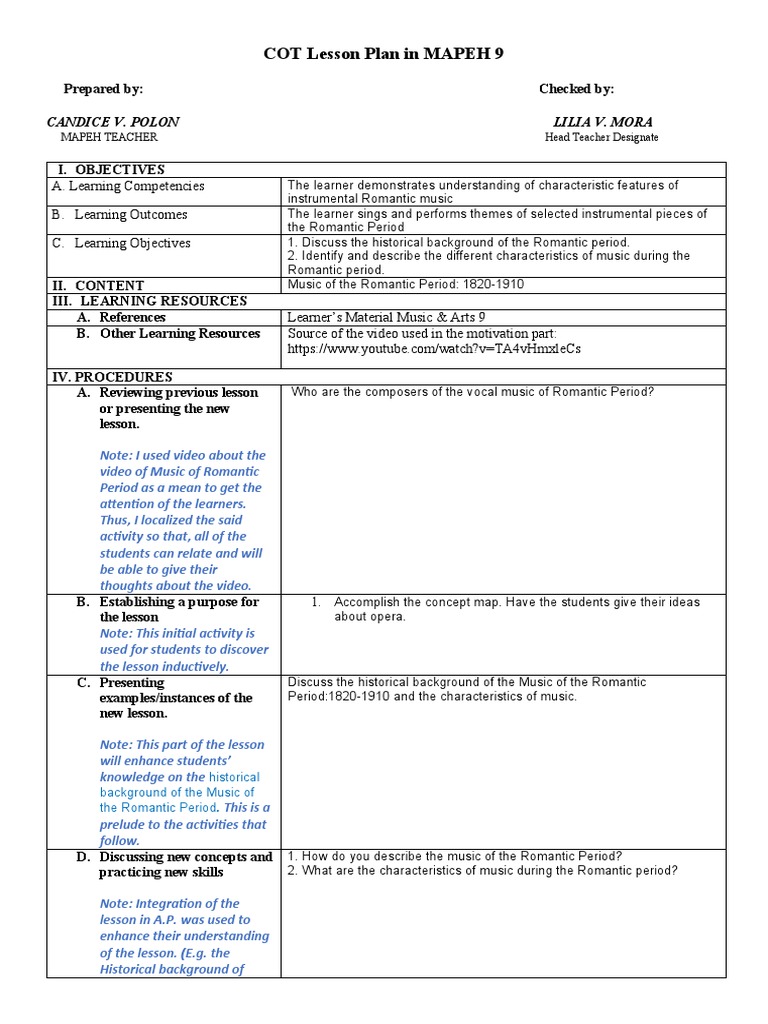 MAPEH 9 1st Quarter Lesson Plan: Music | PDF | Learning | Lesson Plan
