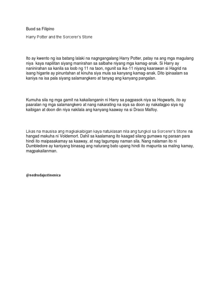 BUOD (Summary of Harry Potter in Tagalog) PDF