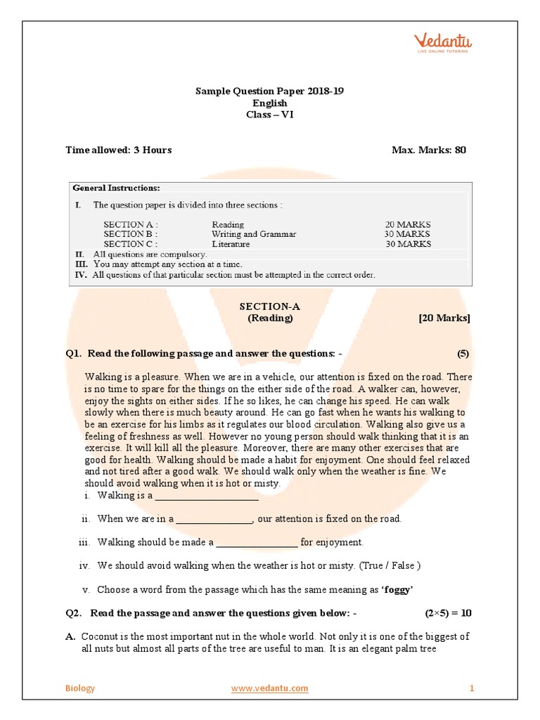 CBSE Class 6 English Paper 1 PDF