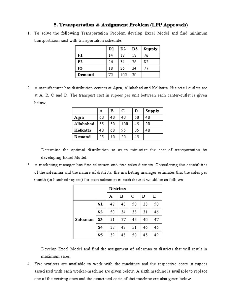 transportation and assignment problems and solutions pdf