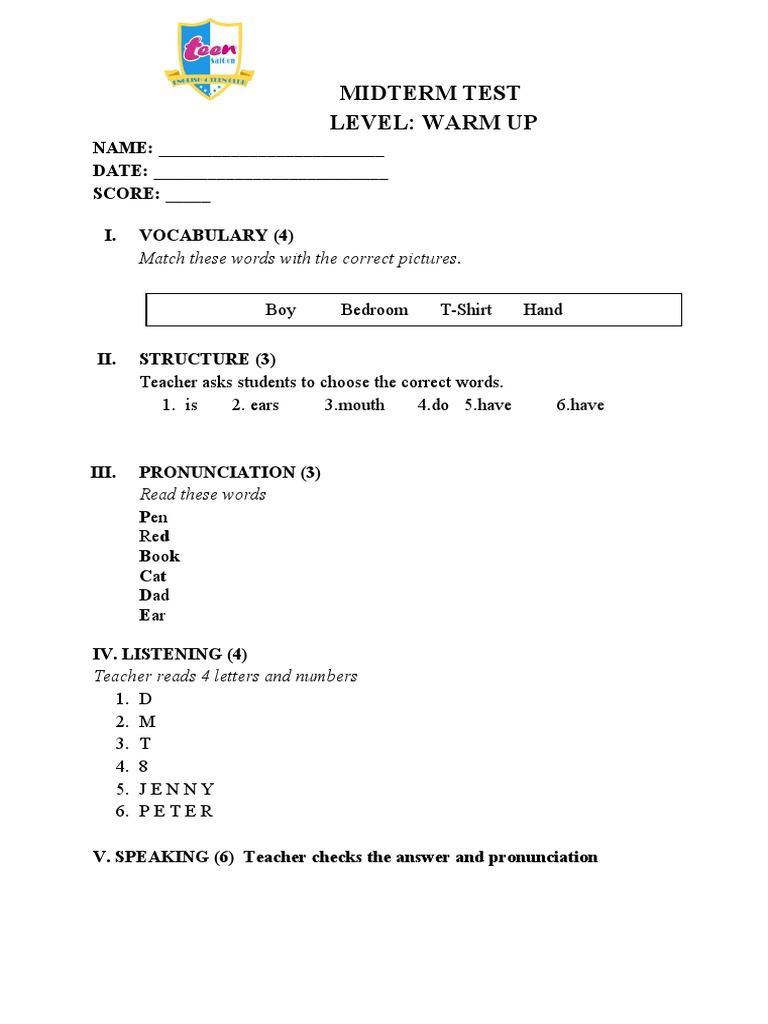 Midterm Test: Warm-Up Level Assessment | PDF | Language Arts & Discipline