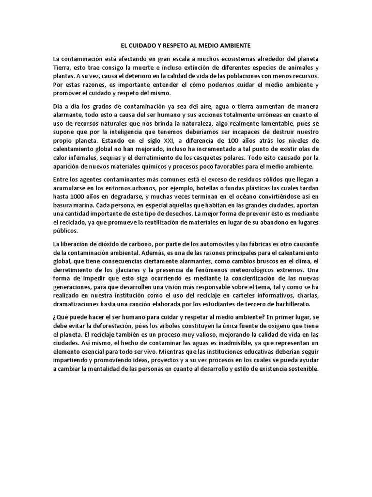 El Cuidado y Respeto Al Medio Ambiente | PDF | Entorno natural | Residuos
